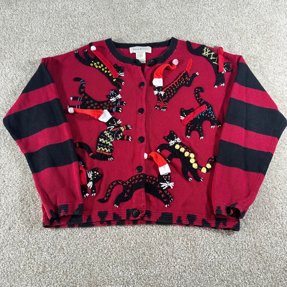 Susan Bristol Christmas Cat Cardigan Sweater Red Black Striped Santa Hat Large